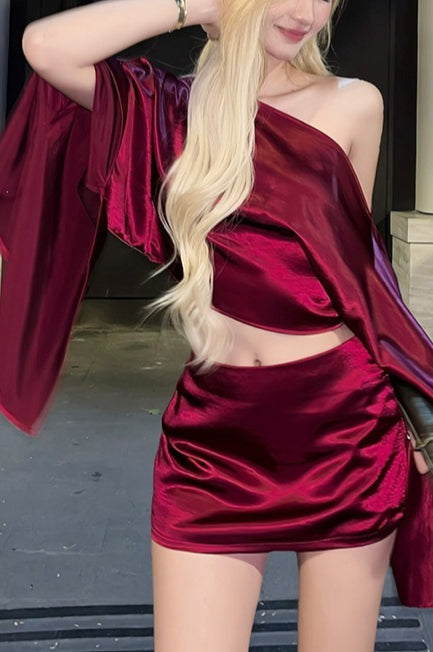 Glossy Asymmetric Bell Sleeve Skirt Sets
