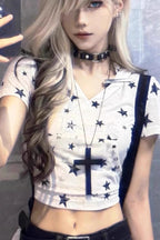 Punk Star Print Slim V-neck Hooded Crop Top
