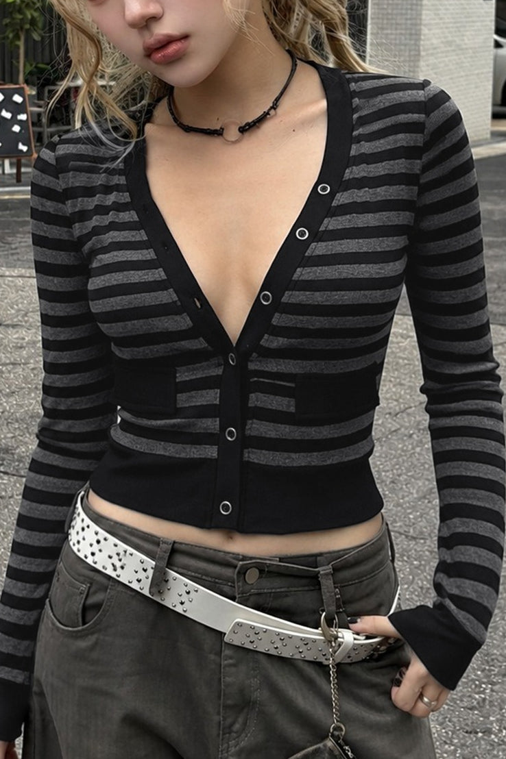 Striped V Neck Pocket Cardigans