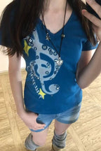 Button Note V Neck Shoulder Fit Cropped Slim T-shirt