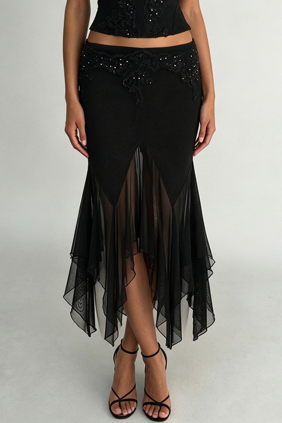 Embellished Hip Sheer Hem Skirts