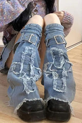 Gothic Punk Cross Denim Knee High Tights