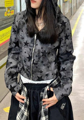 Street Style Star Print Zip-Up Hoodie