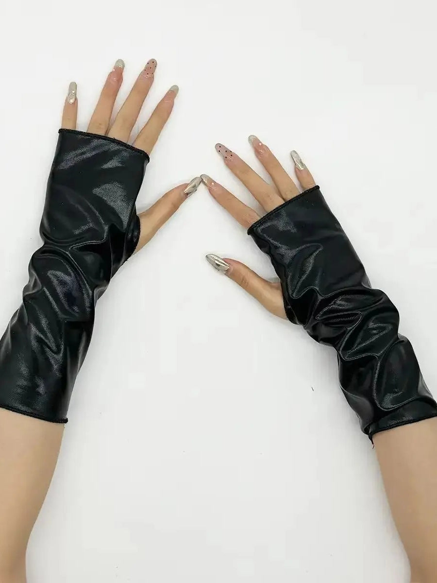 Faux Patent Leather Punk Fingerless Gloves Secondary image