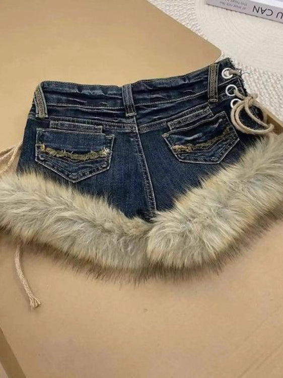 Y2K Low - Rise Slim Denim Fuzzy Shorts Secondary image