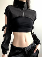 Dark Techwear Zip Up Long Sleeve Crop Top