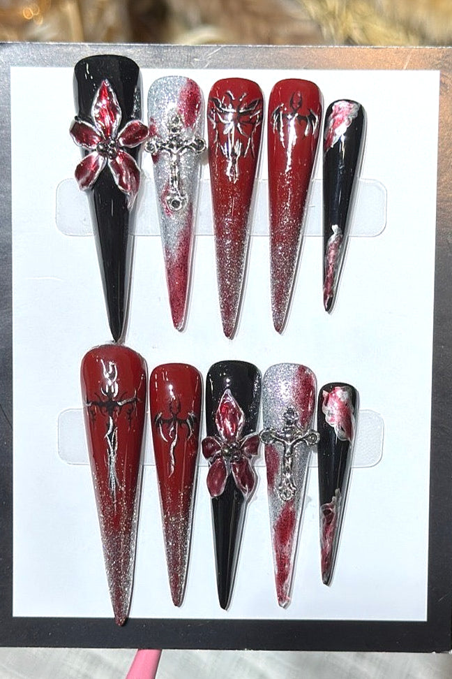 Dark Bloody Carved Cross Press On Nails