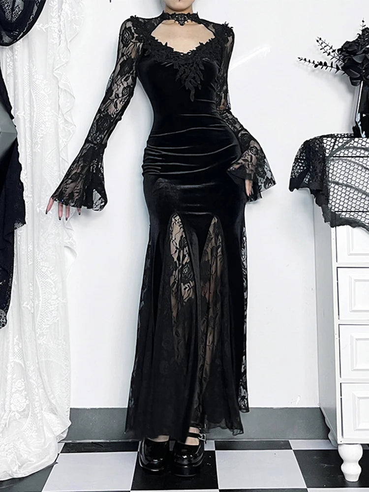 Lace Patchwork Flare Sleeve Maxi Dress