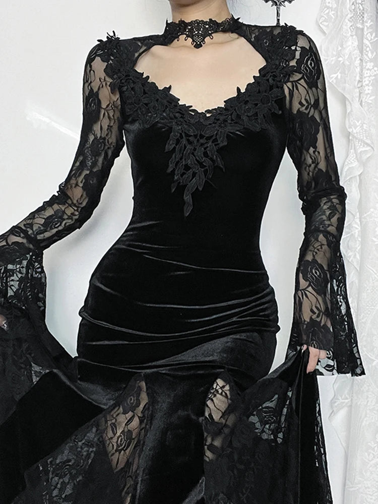 Lace Patchwork Flare Sleeve Maxi Dress
