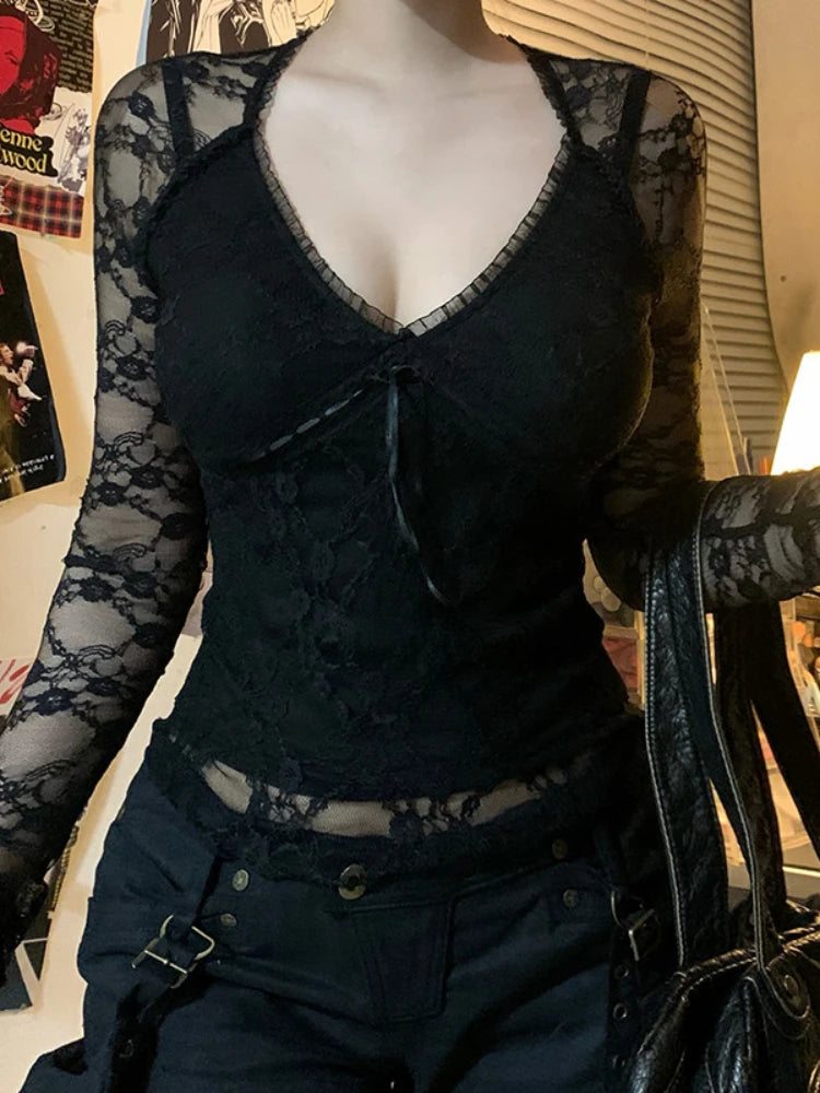 Sheer Lace V-neck Knit Top
