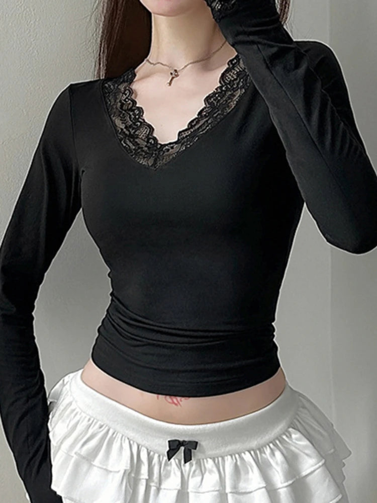 Lace V-neck Patchwork Knit Top Secondary image