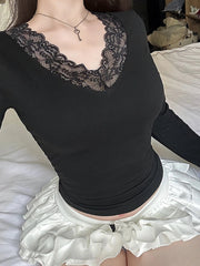 Lace V-neck Patchwork Knit Top