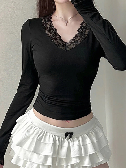 Lace V-neck Patchwork Knit Top