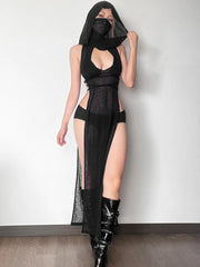 See Through Cut Out Hooded Maxi Dress