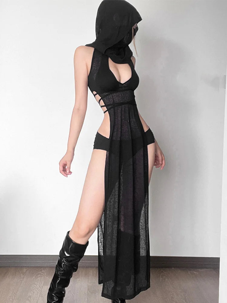 See Through Cut Out Hooded Maxi Dress