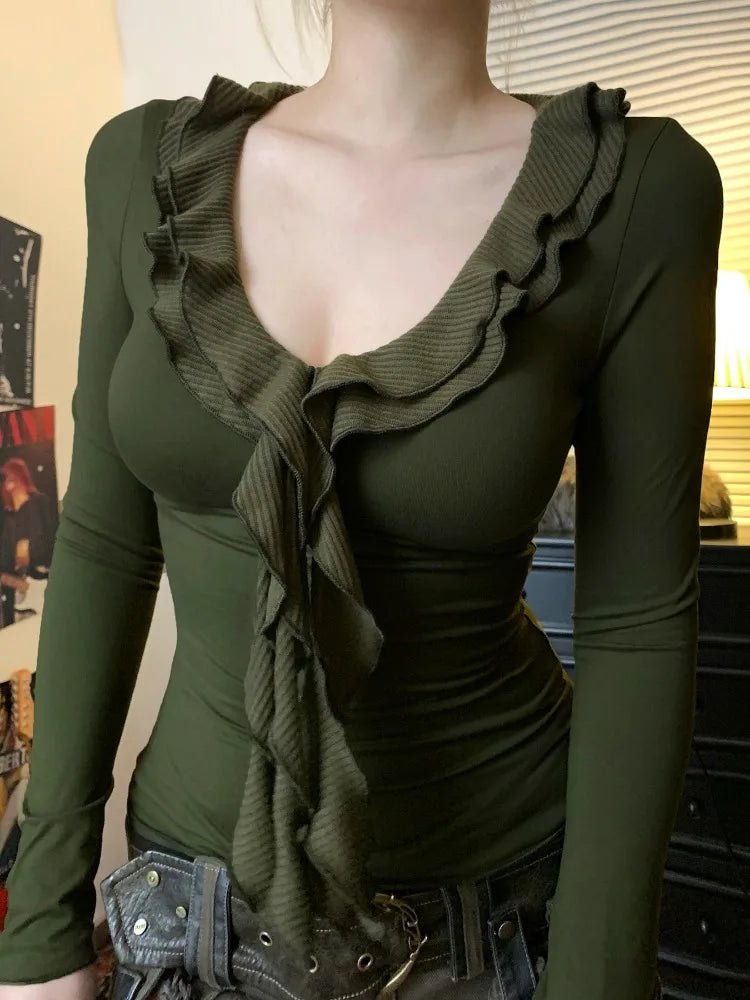 Ruffle V-neck Knit Top