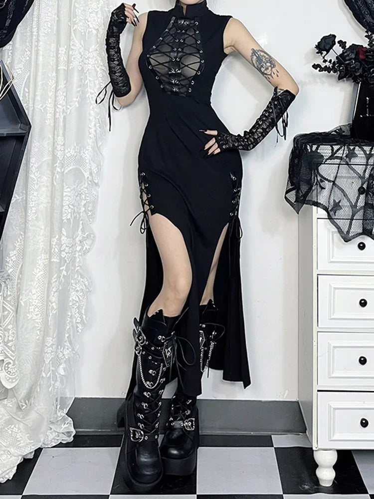 Cyber Punk Mesh Bandage Midi Dress