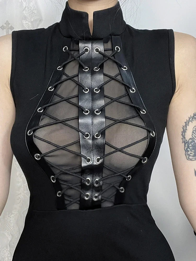 Cyber Punk Mesh Bandage Midi Dress