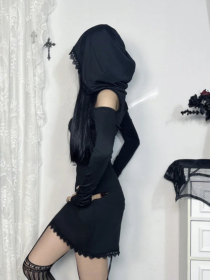 Embroidery Hooded Mini Dress