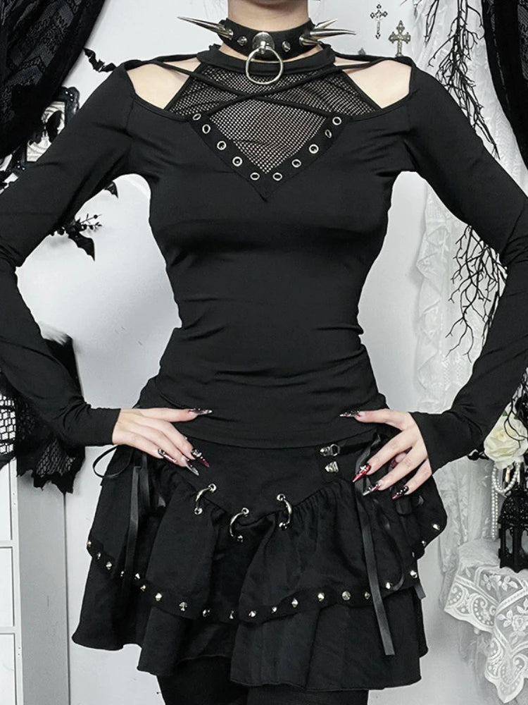 Hollow Mesh Patchwork Knit Top