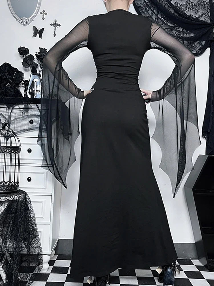 Dark Halloween Mesh Patchwork Flare Sleeve Maxi Dress