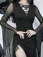 Dark Halloween Mesh Patchwork Flare Sleeve Maxi Dress