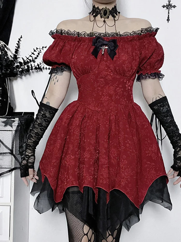 Lace Patchwork Puff Mini Dress