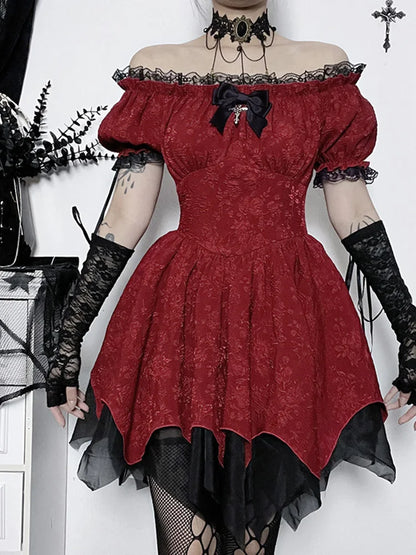 Lace Patchwork Puff Mini Dress