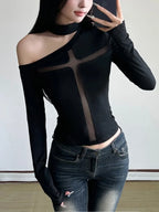 Cross Mesh Patchwork Knit Top