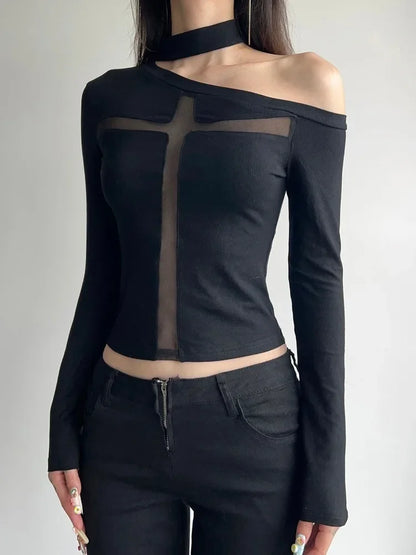 Cross Mesh Patchwork Knit Top