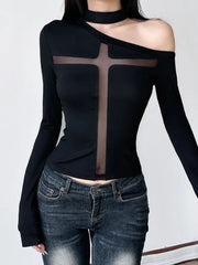 Cross Mesh Patchwork Knit Top