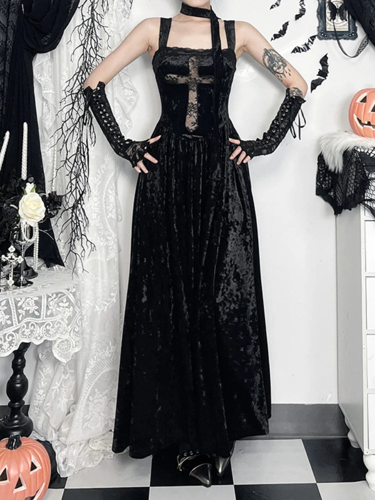 Cross Lace Patchwork High Waist Maxi Dress