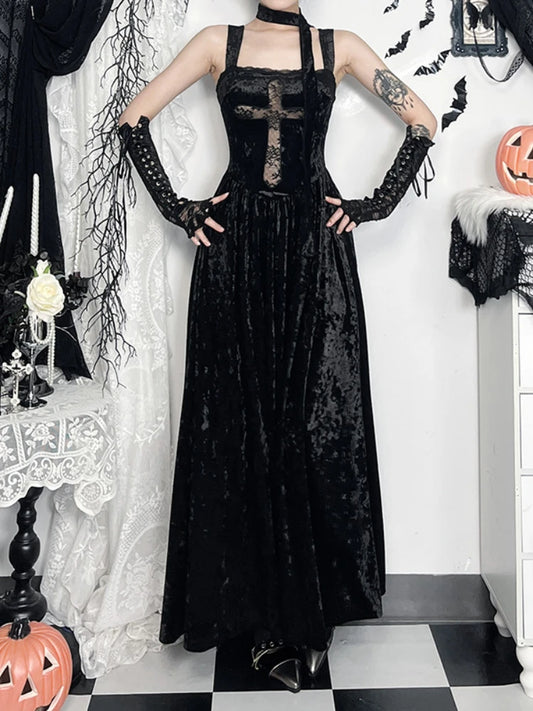 Cross Lace Patchwork High Waist Maxi Dress