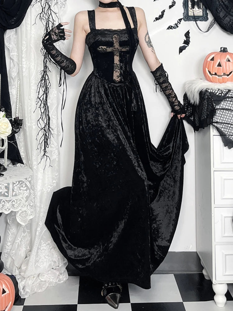 Cross Lace Patchwork High Waist Maxi Dress