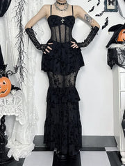 Flocking See Through Corset Maxi Dress