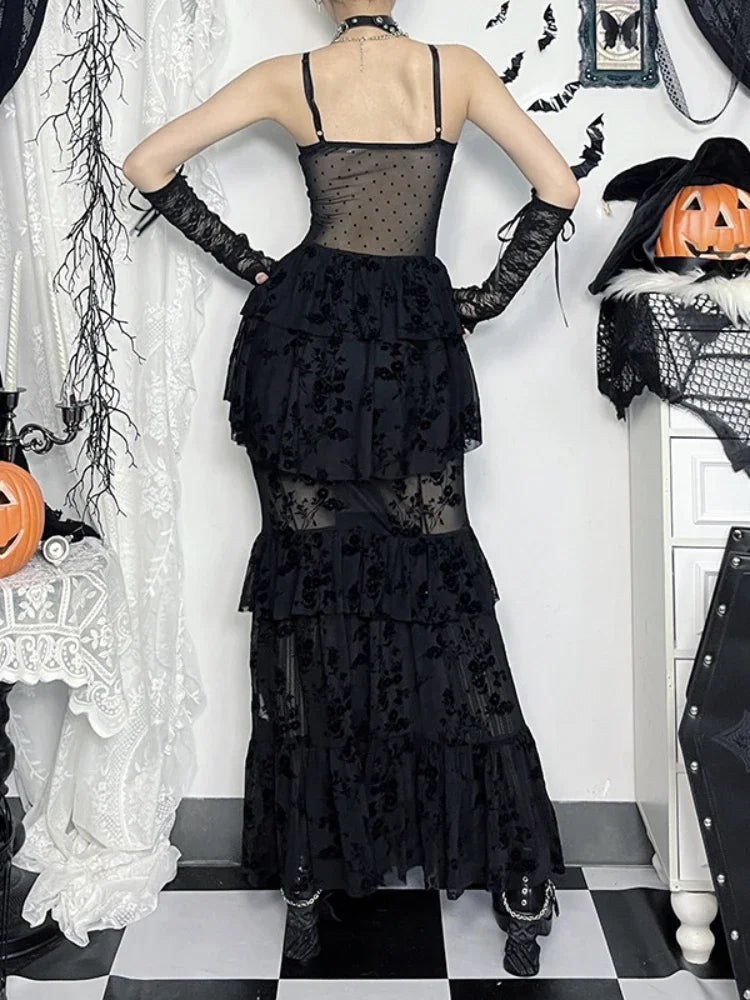 Flocking See Through Corset Maxi Dress