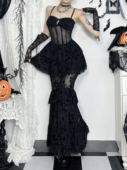 Flocking See Through Corset Maxi Dress