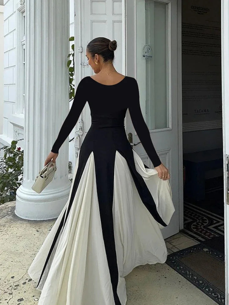Patchwork Hem Long Sleeve Maxi Dress
