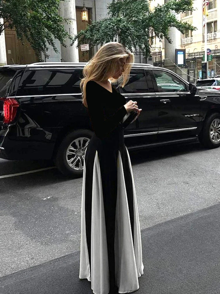 Patchwork Hem Long Sleeve Maxi Dress