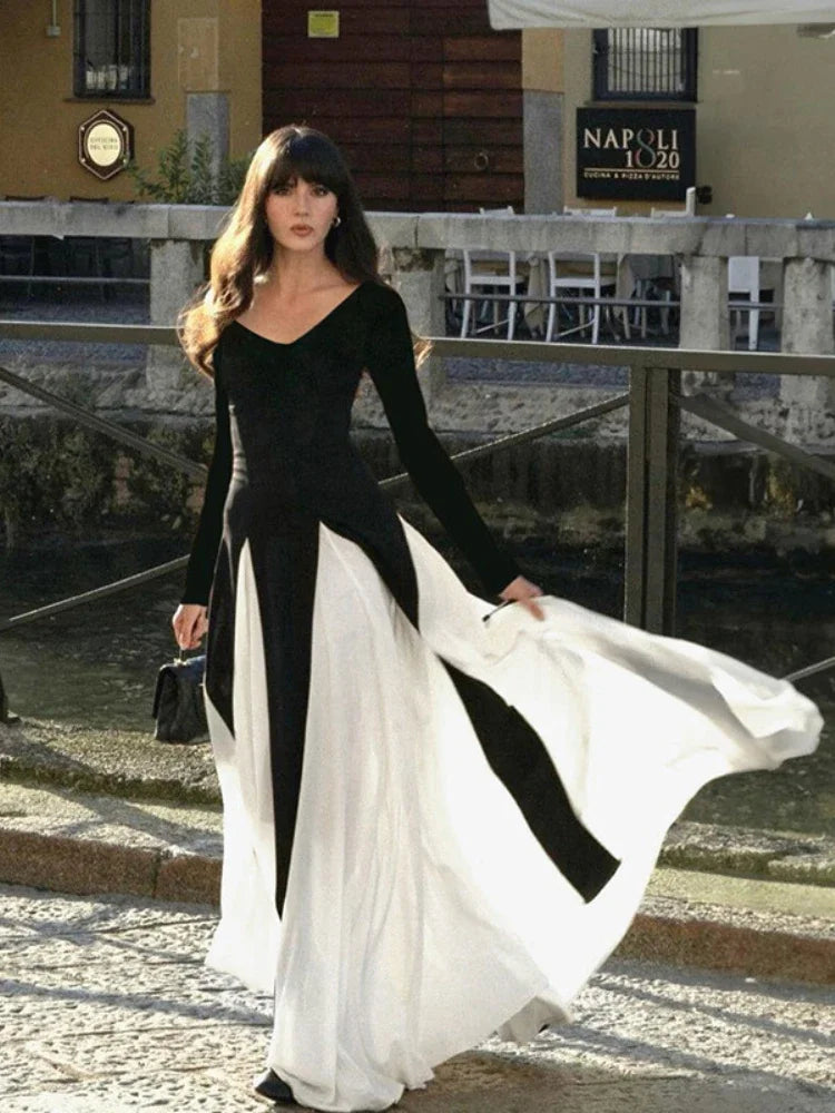 Patchwork Hem Long Sleeve Maxi Dress