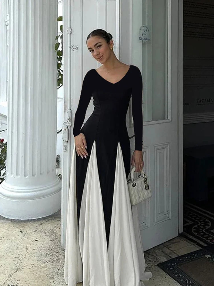 Patchwork Hem Long Sleeve Maxi Dress