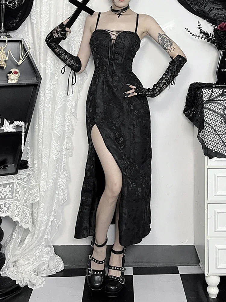 Lace-up Jacquard Spaghetti Midi Dress