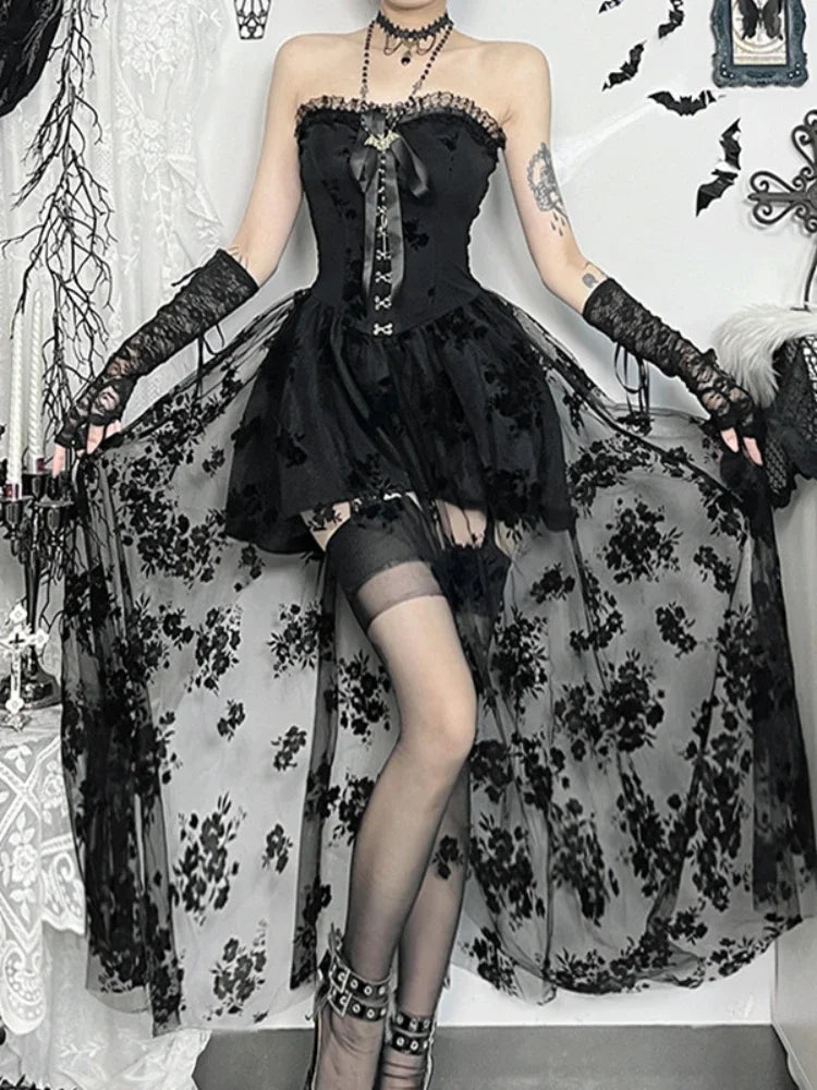 Dark Florals Mesh Corset Midi Dress