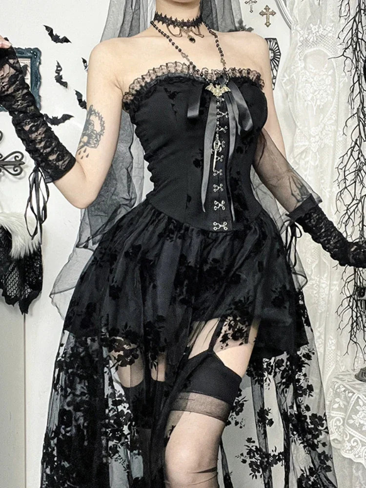 Dark Florals Mesh Corset Midi Dress