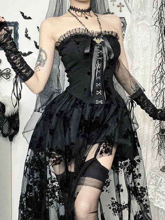 Dark Florals Mesh Corset Midi Dress