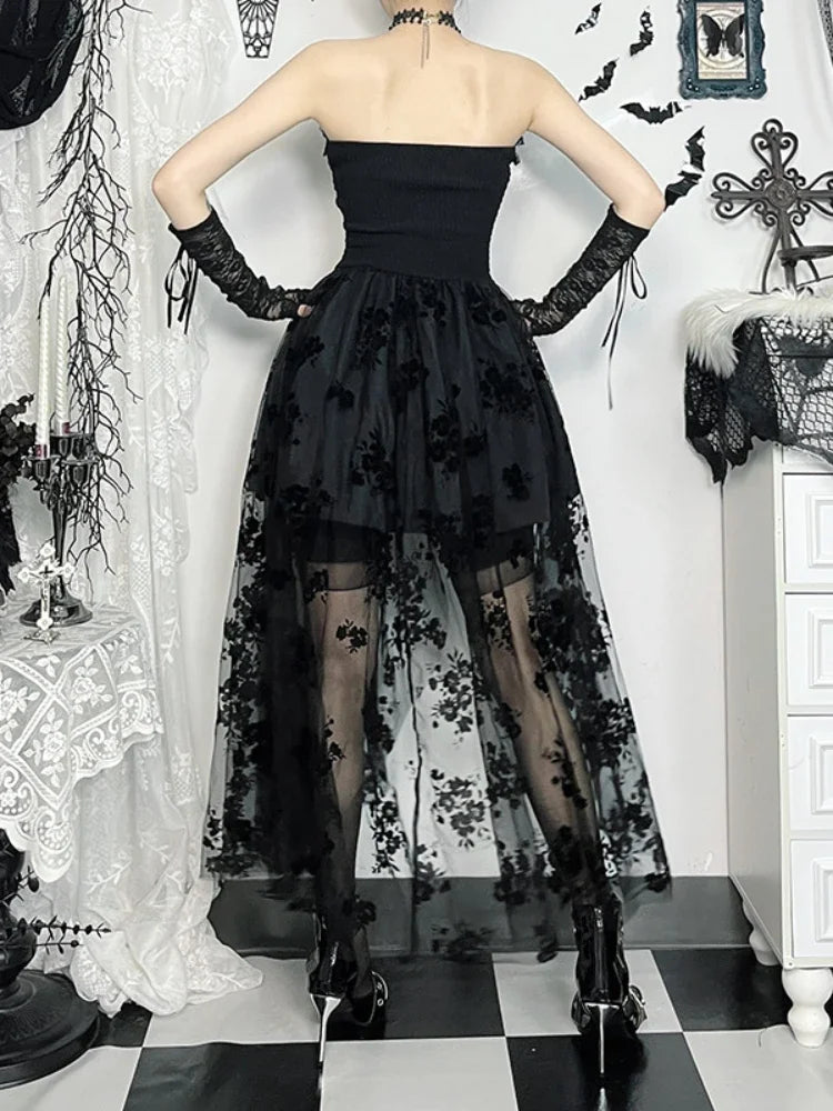 Dark Florals Mesh Corset Midi Dress