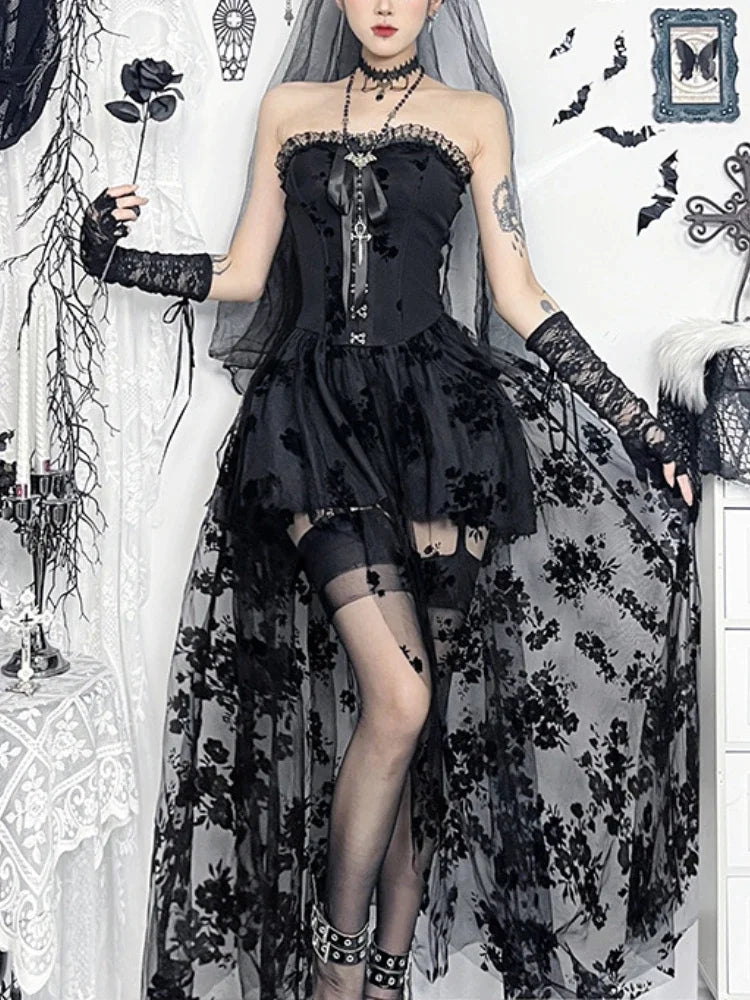 Dark Florals Mesh Corset Midi Dress