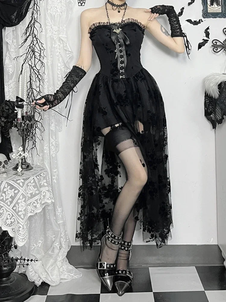 Dark Florals Mesh Corset Midi Dress
