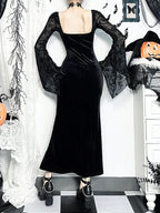 Flocking Patchwork Flare Sleeve Maxi Dress