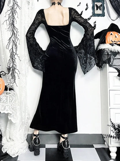 Flocking Patchwork Flare Sleeve Maxi Dress